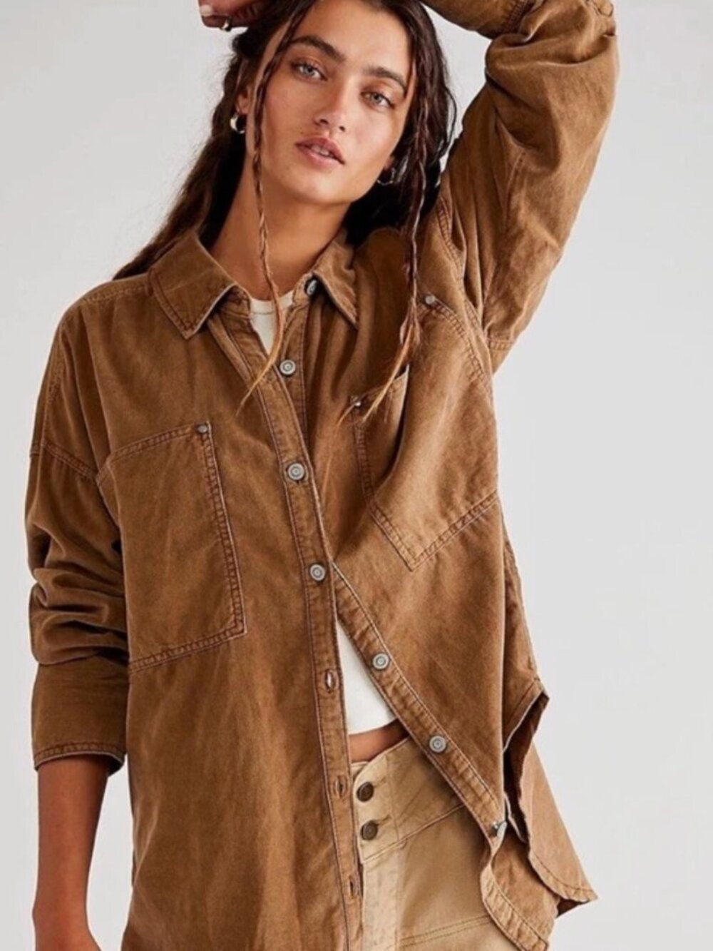 Free People We The Free Corduroy Oversized Button Down Cotton Shirt Brown, Small